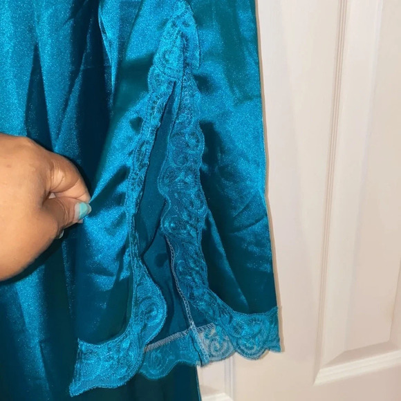 Vintage Teal Olga style lace trim long sleeve  night dress Sz M - Picture 7 of 16